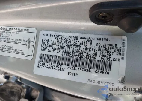 2003 Toyota Camry Le from USA, damaged, VIN 4T1BE32K53U148096